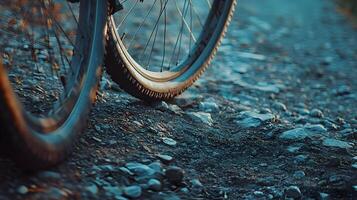 Close up view of bicycle tires on rocky terrain displaying adventure cycling and exploration photo