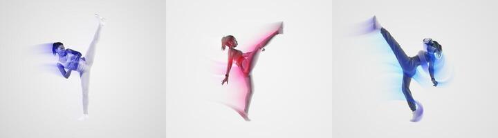 This collage features various athletes executing powerful movements in a vibrant and energetic manner. photo