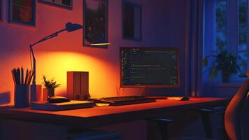 Illuminated coding station workspace under warm lamp, serene creative work zone ambience photo