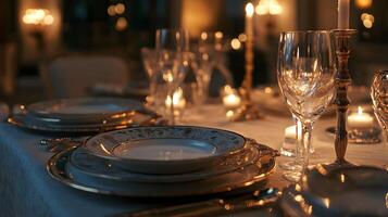 Intimate Evening Table Setting with Soft Candlelight and Elegant Dinnerware creates a mood photo