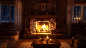 Comforting ambiance of a cozy fireplace radiating warmth, a serene rustic home experience photo