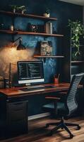 Sophisticated workspace showcasing a desk setup perfect for creative work and coding projects photo