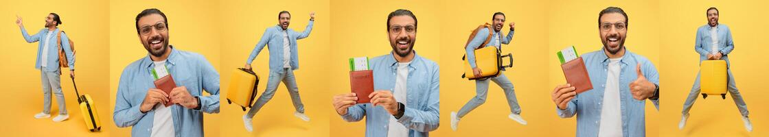A joyful traveler showcases his excitement while holding a passport and boarding pass. Dressed in casual attire, he displays a suitcase and shares positive vibes about his upcoming journey. photo