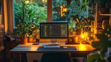 Cozy and productive workspace with greenery and a computer screen displaying code photo