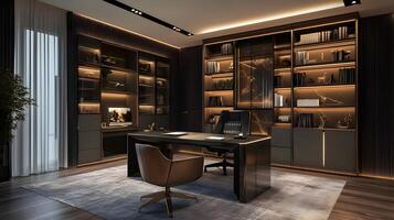 Sophisticated home office setup with minimalist design and built in bookcase with hidden lights photo