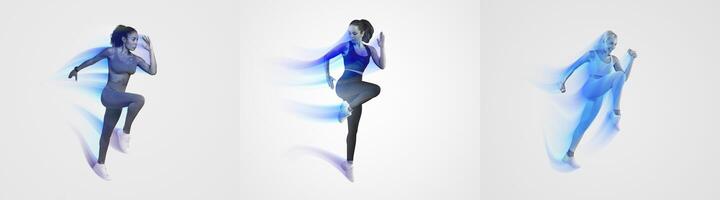 Athletes are captured in motion, demonstrating agility and strength in workout poses. The modern setting highlights their dedication to a healthy lifestyle and fitness routine. photo