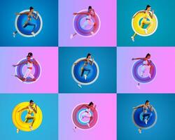A vibrant collage of millennials energetically participating in various workouts. Each figure exhibits athleticism, showcasing a healthy lifestyle against colorful backgrounds, emphasizing fitness. photo