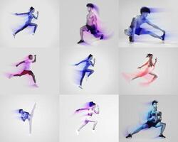 A dynamic portrayal of multiple athletes engaged in various workouts, emphasizing movement, agility, and fitness. The blend of colors adds energy to the athletic expressions captured in this collage. photo