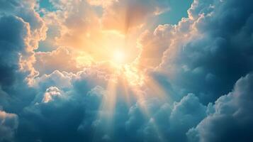 Radiant sunlight bursts through voluminous clouds, creating a celestial atmosphere scene photo