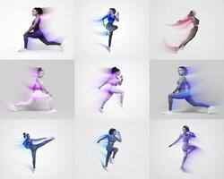 A vibrant collage features various athletic individuals performing dynamic workout routines. The setting highlights fitness-focused lifestyles, emphasizing strength and movement at any time. photo