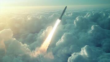 This rocket soars through clouds on a suborbital space tourism flight, highlighting new travel options. photo