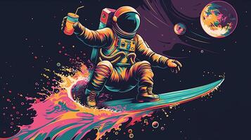 This astronaut surfs space waves, drink in hand, enjoying the thrill of zero gravity photo