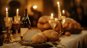 Elegant Dinner Table Setup with Rustic Bread, Wine, and Candlelight for a Festive Occasion photo