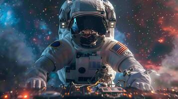 This Astronauts interact with cutting-edge tech in a lively space, highlighting future tourism. DJ photo