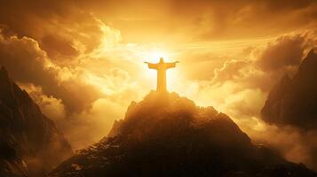 Monumental statue silhouetted against the golden sky with mountain peak, creating a powerful scene photo