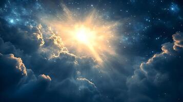 Radiant celestial sky with starfield shining through billowy clouds, creating a magical sight photo
