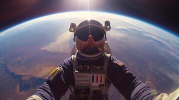 This passenger in a spacesuit enjoys the breathtaking view of Earth from a suborbital spaceflight. photo