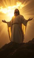 Radiant figure atop rock formation surrounded by golden light and heavenly atmosphere photo