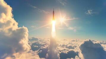 This rocket launches into the sky, leaving a trail of smoke as it ascends through clouds towards space. photo