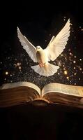 Symbolism of hope and knowledge a dove flying from an ancient book emitting gold sparkle photo