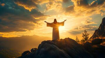Divine Presence Ascending Mountain Peak at Sunset casting a luminous ethereal glow photo