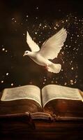 Symbolism unfolds a sense of hope and aspiration with purity of dove above ancient book photo