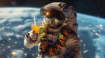 This astronaut in a space suit toasts with a drink while floating in zero gravity near Earth. photo