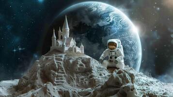 This Explore an imaginative moon landscape featuring an astronaut and a castle, showcasing space tourism. photo
