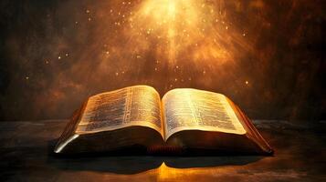 Ancient book illuminated by radiant light, inviting contemplation and knowledge seeking. photo