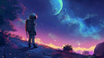 This astronaut gazes at a vibrant cosmic view of stars and a distant moon. photo