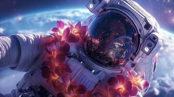 This astronaut adorned with flowers floats in zero gravity, gazing at Earth from space. photo