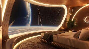 This Enjoy a luxurious stay in a space hotel with stunning views of Earth from the window. photo