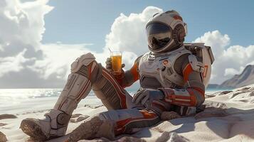 This astronaut sits on a sandy beach, sipping a drink under a bright sky with clouds. photo