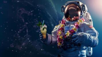 This space traveler enjoys a refreshing drink, wearing a floral lei in a weightless setting. photo