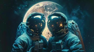 This Two astronauts pose against Earth's bright colors, stars reflecting in their helmets. photo