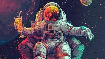 This astronaut lounges with a cocktail in a space hotel, enjoying the view of distant planets. photo