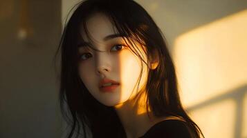 Enigmatic asian woman bathing in golden light, her features highlighted by soft shadows photo