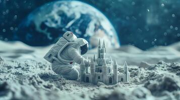 This astronaut constructs a detailed castle on the moon's surface while looking at Earth. photo
