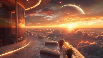 This Passengers relax on a balcony overlooking colorful clouds and distant planets at sunset. photo