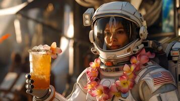 This relaxed astronaut enjoys a tropical drink in a futuristic space tourism environment. photo