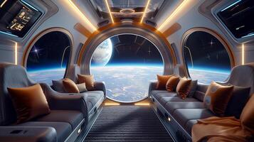 This Room designed for space travelers showcasing Earth and the universe through large windows. photo