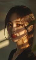 Ethereal asian female portrait bathed in golden light with soft shadows and expressive gaze photo