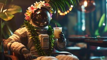 This astronaut relaxes in a lively space bar, sipping a drink amid lush greenery. photo