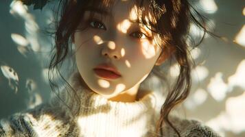 Portrait of a beautiful young woman illuminated by dappled sunlight creating a warm aesthetic photo