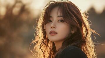 Captivating portrait of a beautiful Asian woman with glowing light and gentle expression. photo