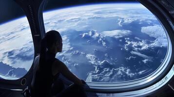 This passenger gazes at Earth from a spaceplane window during a suborbital flight. photo