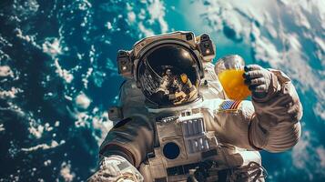 This Astronauts savor a drink in suborbital space surrounded by breathtaking views of Earth. photo