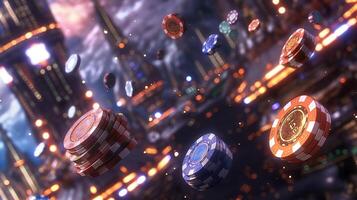 This Futuristic Zero-Gravity Space Casino with Floating Poker Chips and Neon Lights Sci-Fi Space Tourism Concept photo