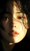 Portrait of a beautiful Asian woman with soft, diffused natural lighting, creating an elegant atmosphere photo