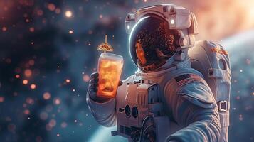 This astronaut enjoys a beverage while floating in space, showcasing leisure in suborbital travel. photo